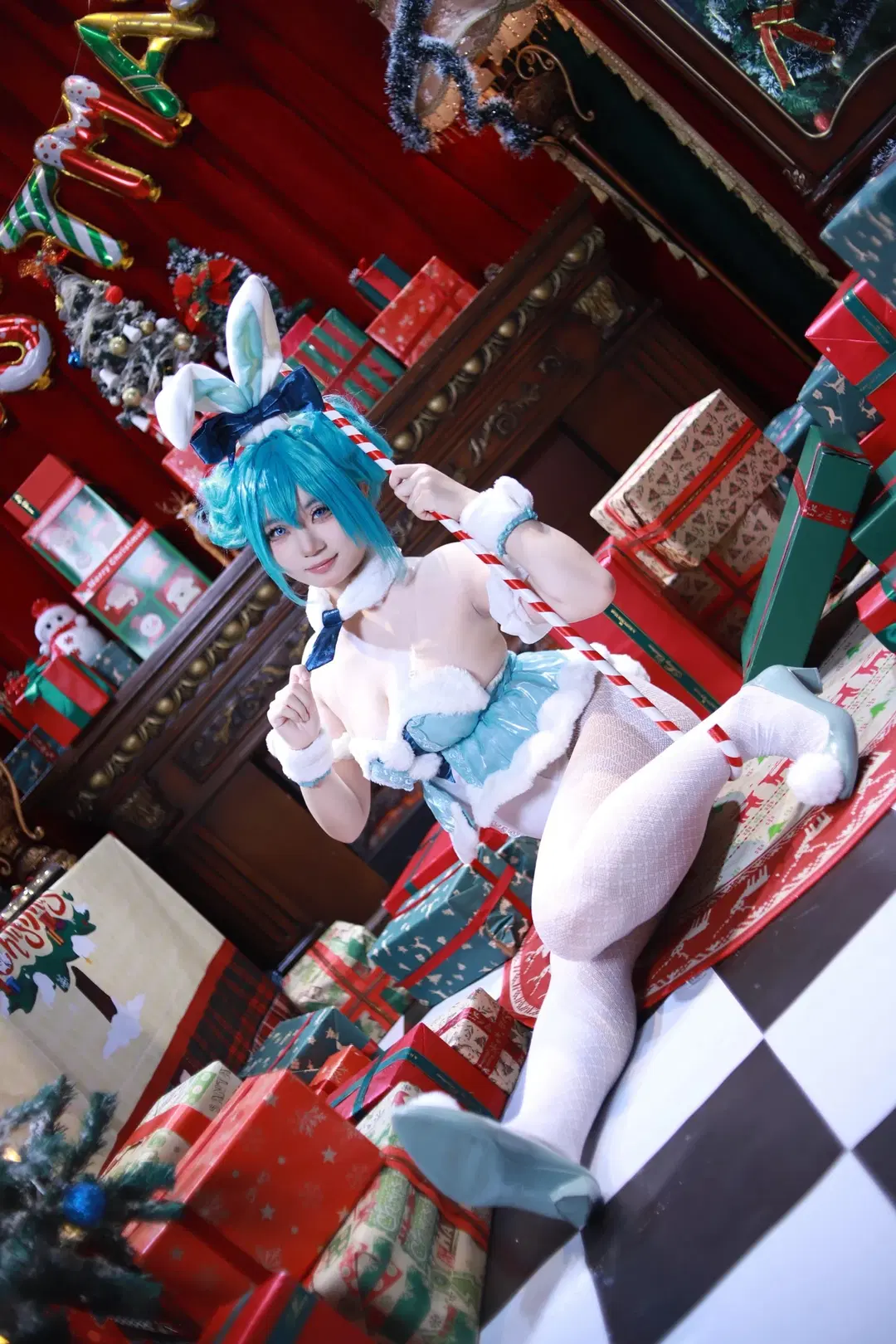 初音ミク, 白ストッキング, 初音ミクコスプレ, コスプレ撮影, クリスマス衣装