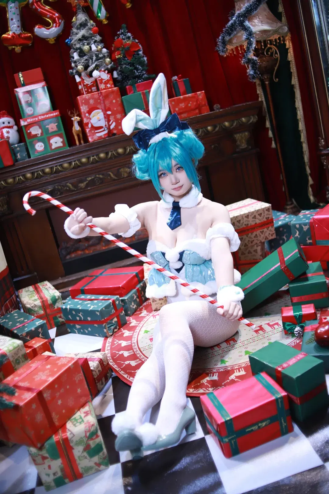 【初音ミクコスプレ】クリスマスバニーガールと白ストッキング×キャンディケインの甘い一撃 - 邪恶的哥布林 - 2枚目