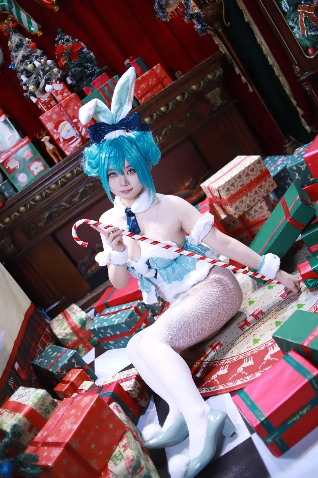 【初音ミクコスプレ】クリスマスバニーガールと白ストッキング×キャンディケインの甘い一撃 - 邪恶的哥布林 - 4枚目
