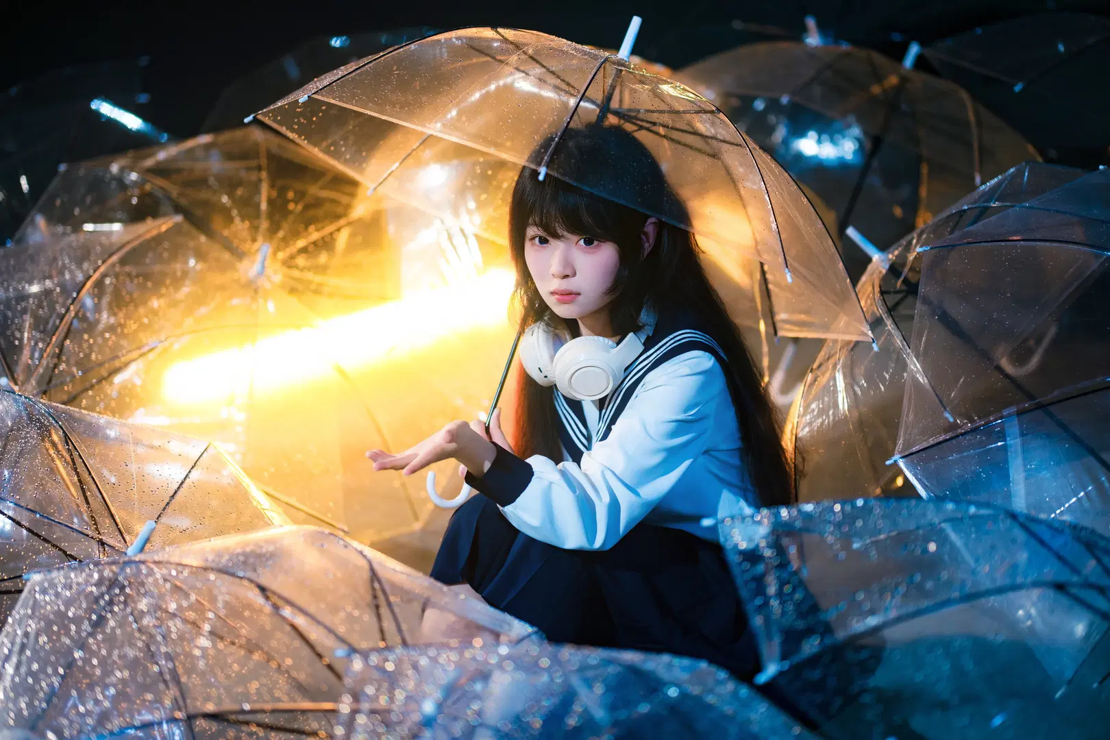 Rainy Night Rooftop Sailor Suit Moody Portrait Photography by 幻影消失 - Image 3
