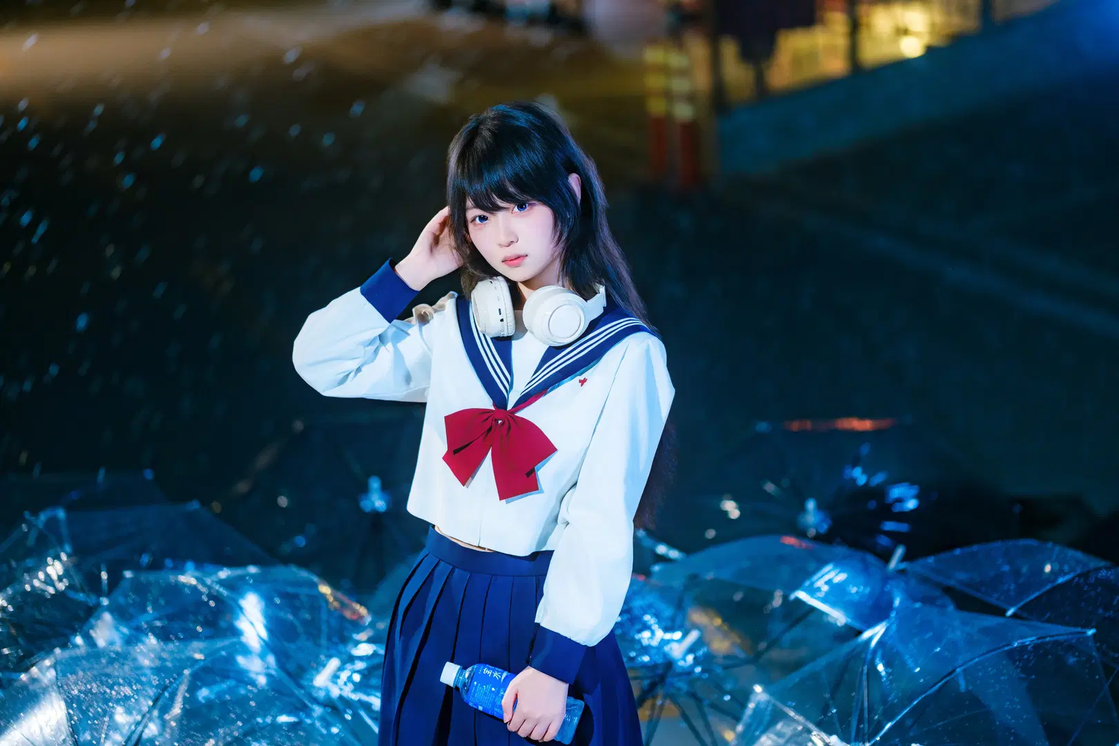 Rainy Night Rooftop Sailor Suit Moody Portrait Photography by 幻影消失 - Image 7