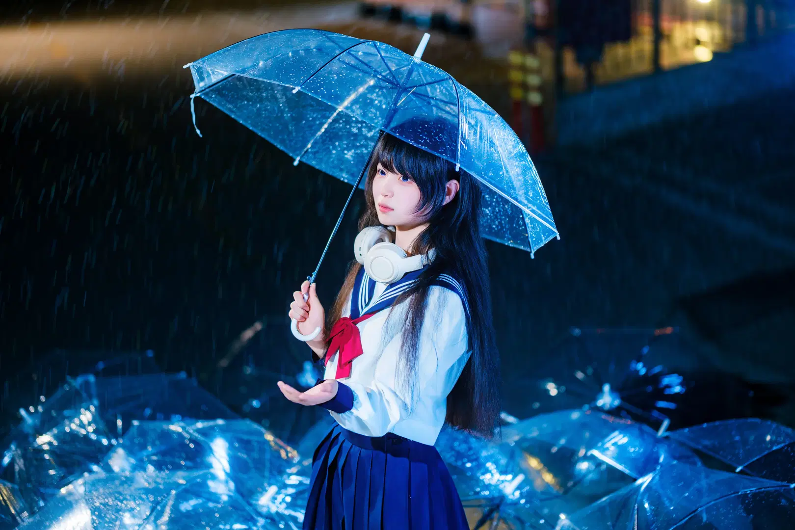 Rainy Night Rooftop Sailor Suit Moody Portrait Photography by 幻影消失 - Image 9