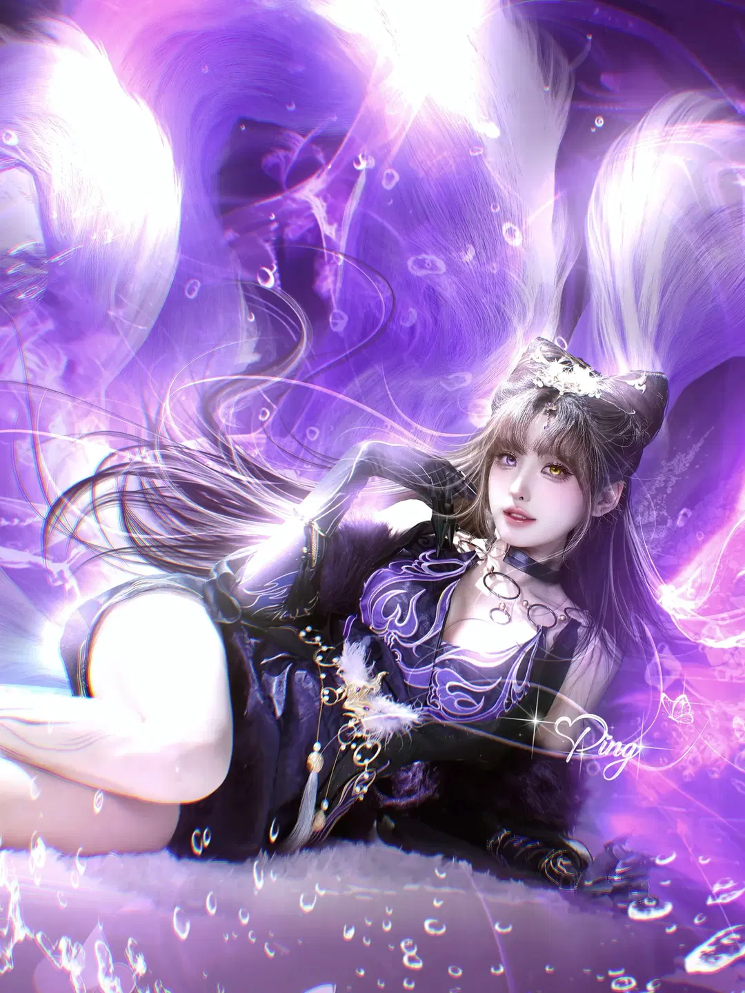玉玲珑コスプレ, NARAKA: BLADEPOINT, 長い脚, セクシーなスタイル, 紫色の雰囲気エフェクト