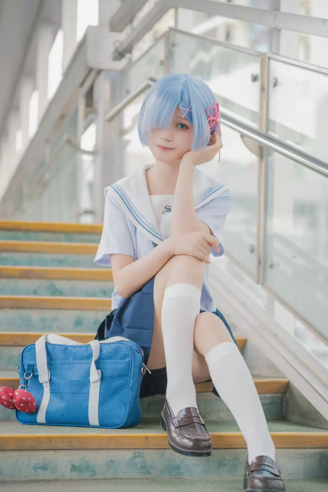 蓝色系穿搭, 蕾姆cos, 白丝, jk制服, 南宁约拍