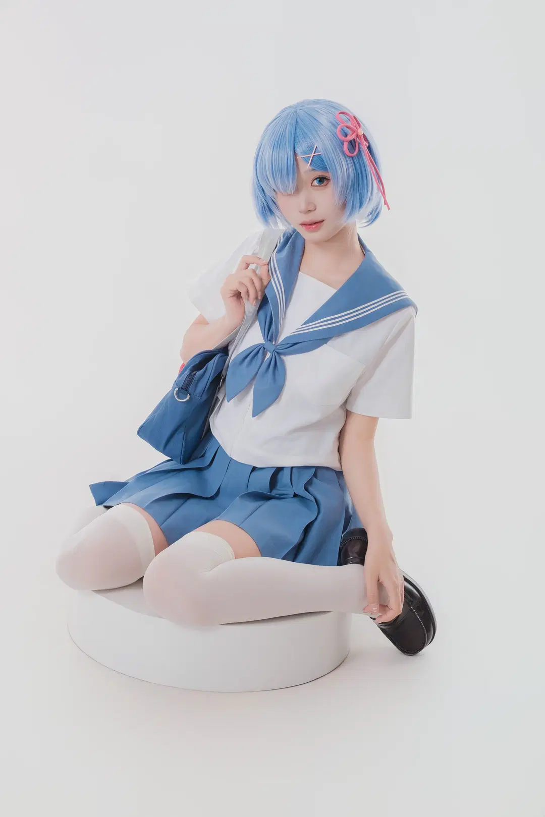 二次元撮影, JK制服, レム コスプレ, 白ストッキング, 白ホリ撮影