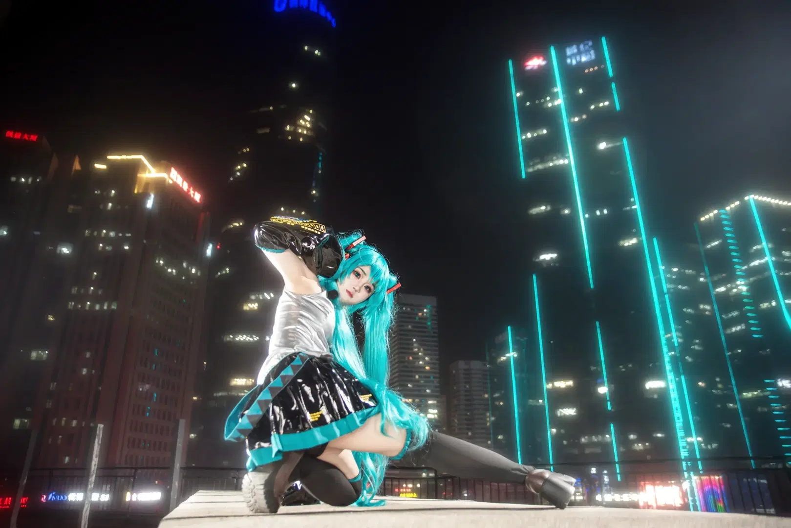 初音ミク, 初音ミク コスプレ, 黒ストッキング, ボーカロイド, 青島の夜景
