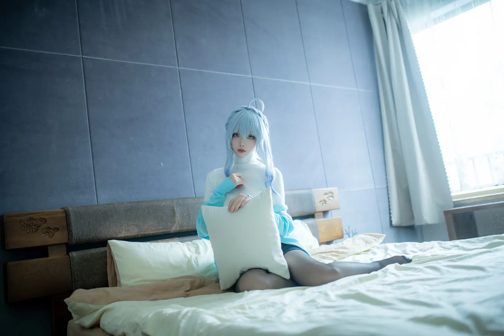 【The Snow Woman cosplay】Light Blue Wig with White Sweater and Black Stockings: Cool-Toned Indoor Ambiance by mile7758 - Image 3