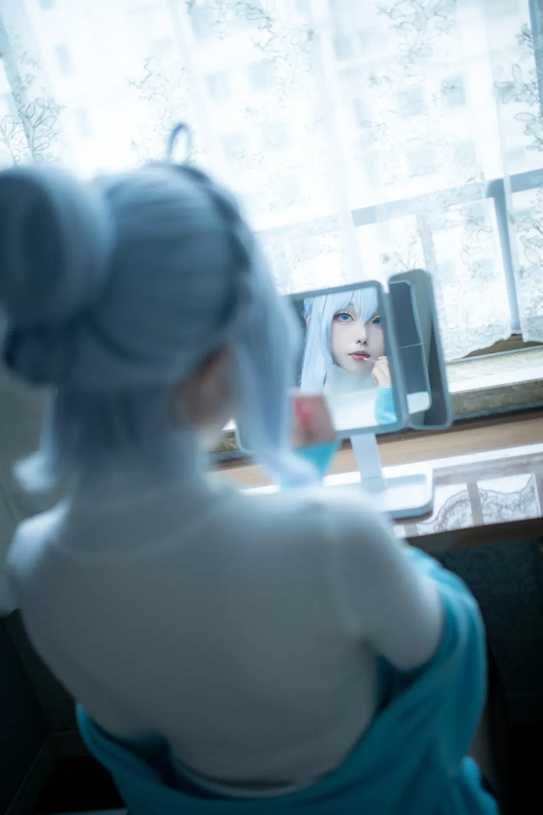 【The Snow Woman cosplay】Light Blue Wig with White Sweater and Black Stockings: Cool-Toned Indoor Ambiance by mile7758 - Image 6