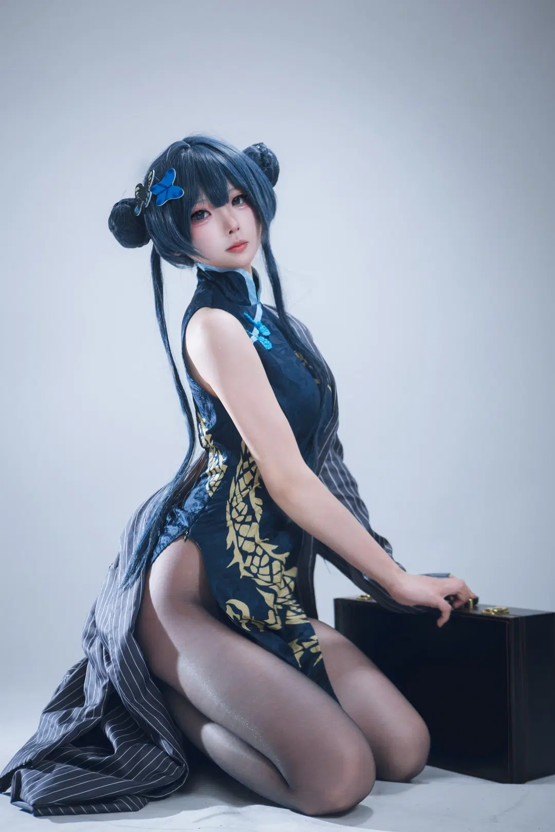 Blue Archive, Ryuge Kisaki cosplay, Qipao, White studio, Black stockings