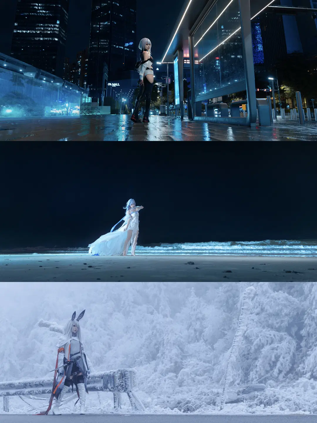 二次元摄影, 电影感cosplay, 丝袜长腿, 横屏摄影, 都市夜景人像