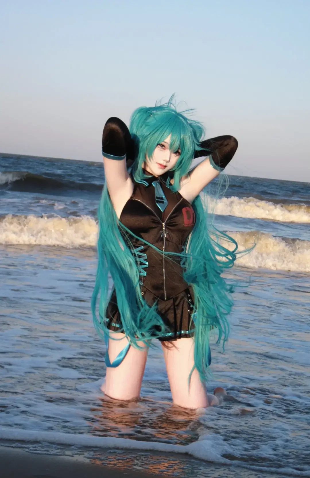 泳装, 初音cos, 海边写真, 夏日cosplay, 青色双马尾