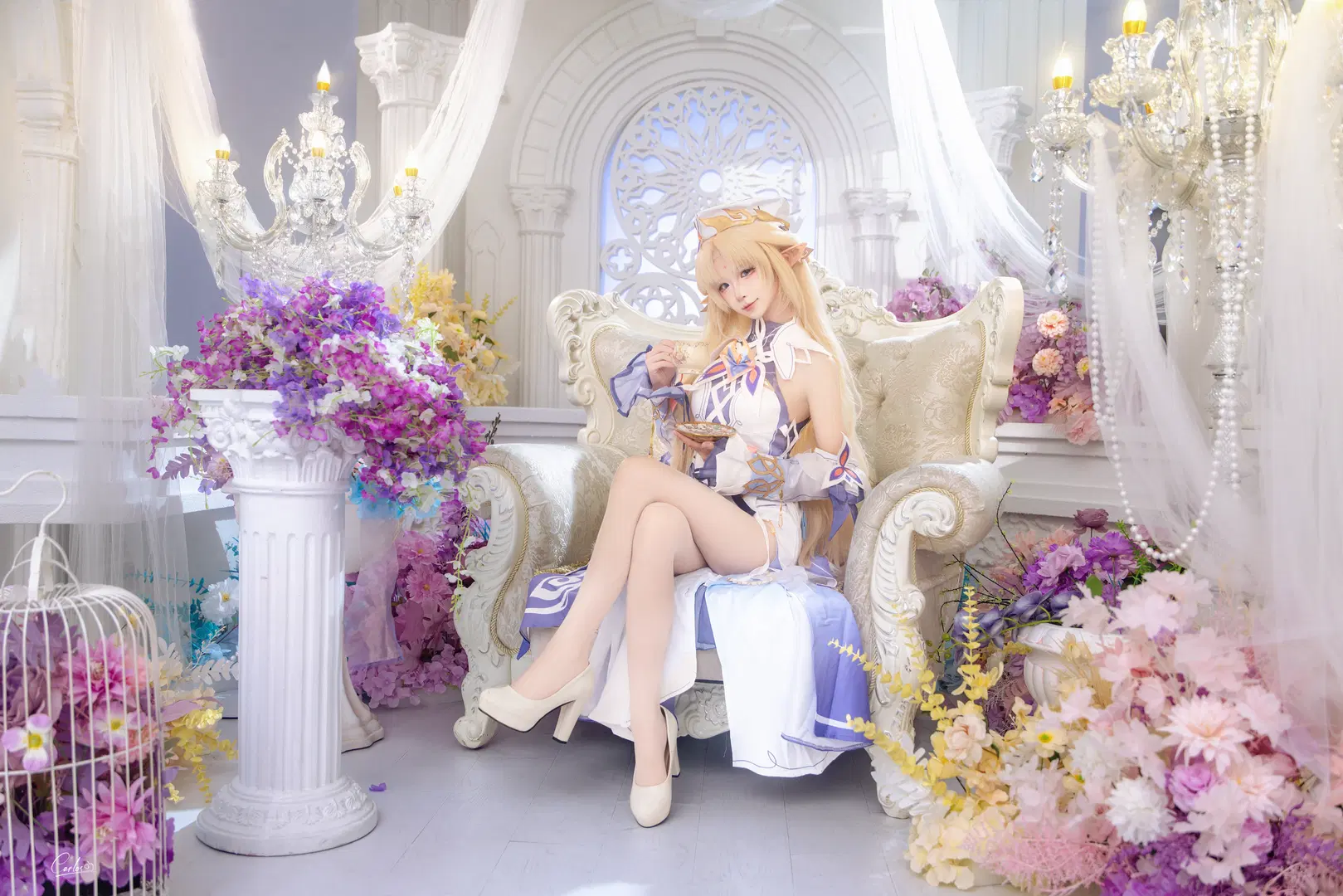Genshin Impact, Elf ears cosplay, Sea of flowers photo shoot, Atmospheric cosplay, White tights cosplay