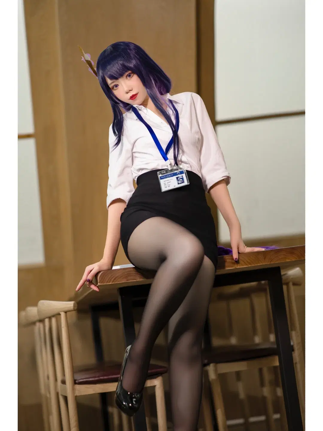 Genshin Impact, Onee-san / Mature woman, Office Lady uniform, Black stockings, Raiden Shogun cosplay
