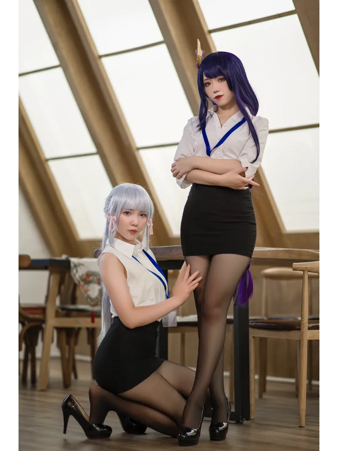 原神, 神里绫华cos, OL制服, 黑丝穿搭, 雷电将军cos