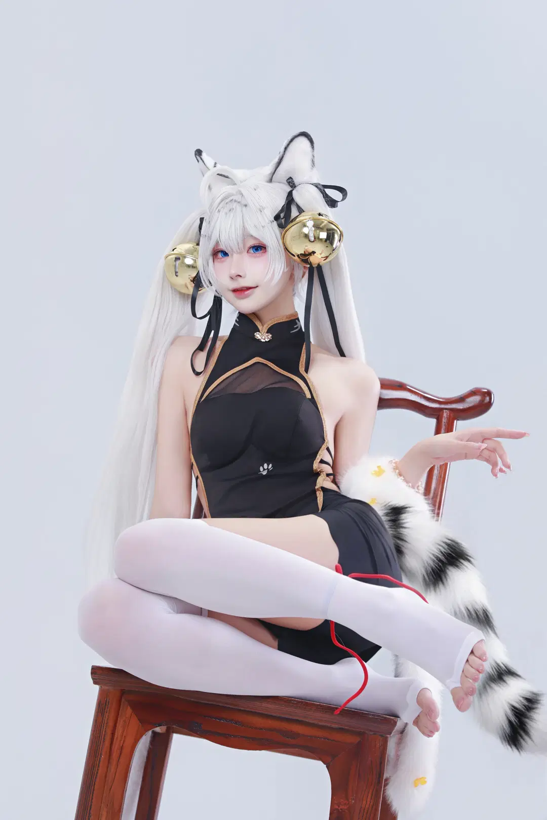cosplay, 白虎娘, 兽耳娘, 改良旗袍, 过膝白丝