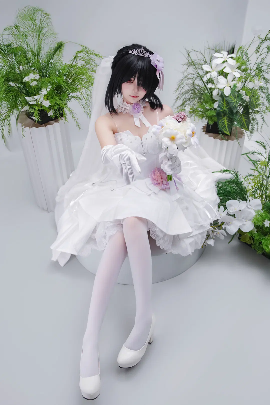 cosplay, 花嫁, 拍照姿势, 白丝, 时崎狂三cos