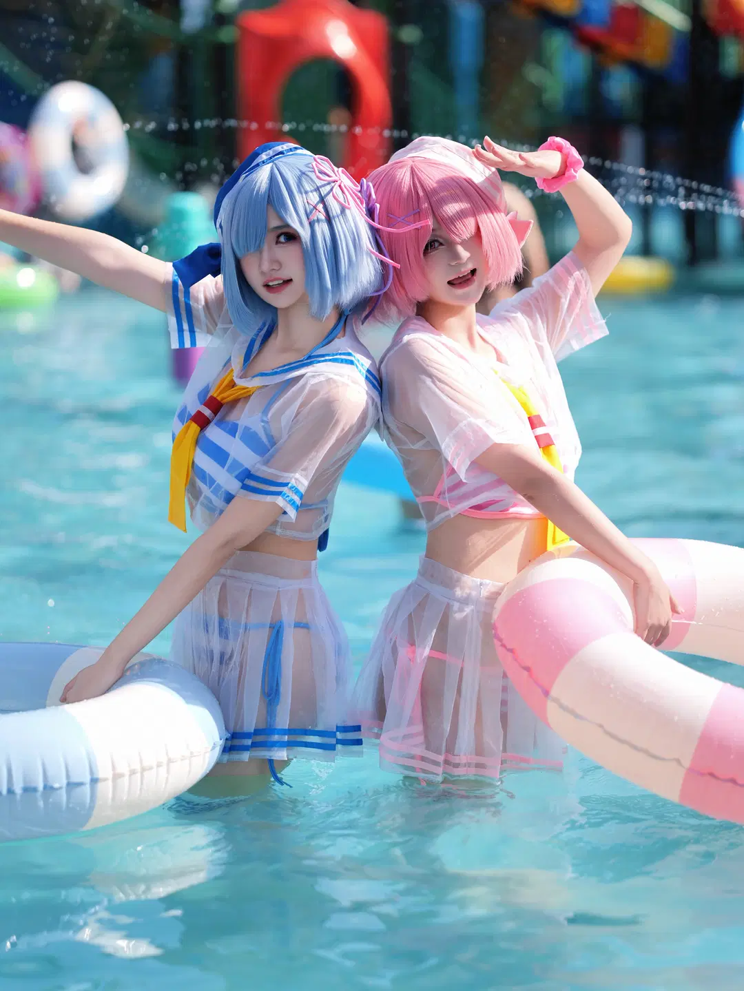 【ラム＆レム コスプレ】ウォーターパークの涼やか白ストッキングあわせ二次元撮影 - 海海 - 10枚目