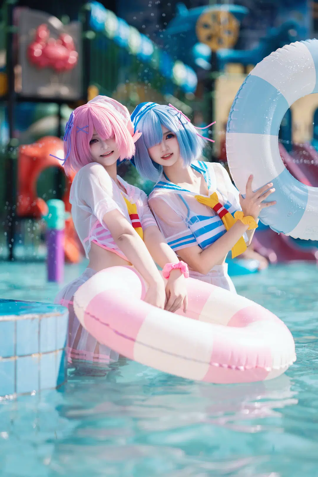 【ラム＆レム コスプレ】ウォーターパークの涼やか白ストッキングあわせ二次元撮影 - 海海 - 3枚目