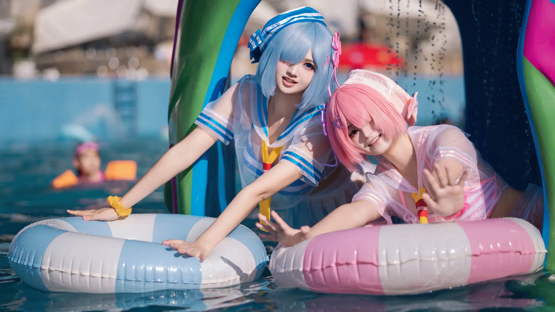 【ラム＆レム コスプレ】ウォーターパークの涼やか白ストッキングあわせ二次元撮影 - 海海 - 5枚目