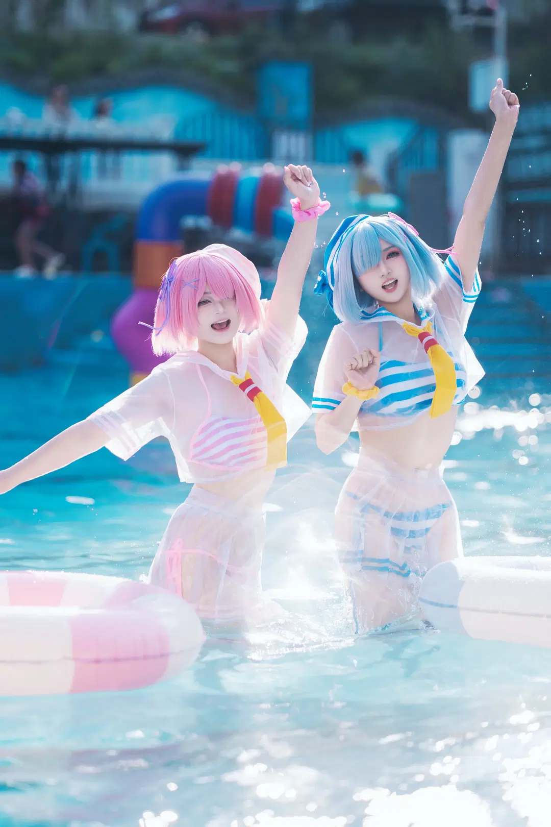 【ラム＆レム コスプレ】ウォーターパークの涼やか白ストッキングあわせ二次元撮影 - 海海 - 6枚目