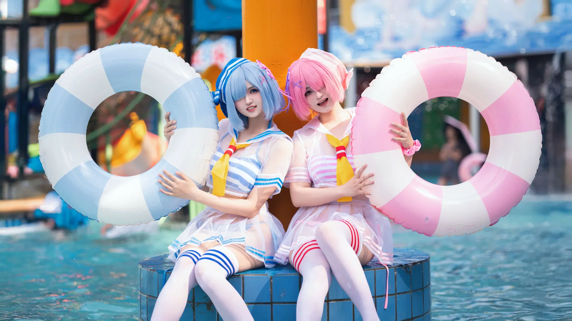 【ラム＆レム コスプレ】ウォーターパークの涼やか白ストッキングあわせ二次元撮影 - 海海 - 7枚目