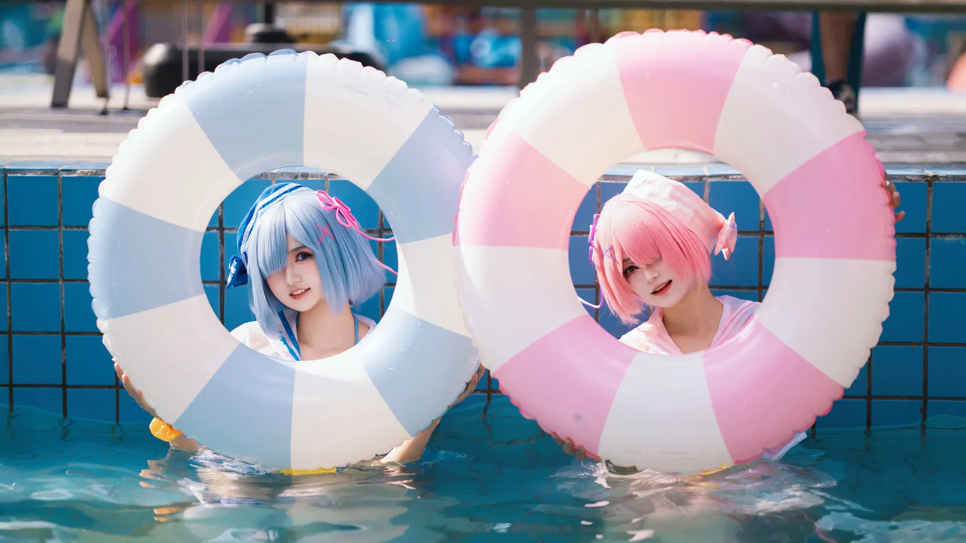【ラム＆レム コスプレ】ウォーターパークの涼やか白ストッキングあわせ二次元撮影 - 海海 - 8枚目