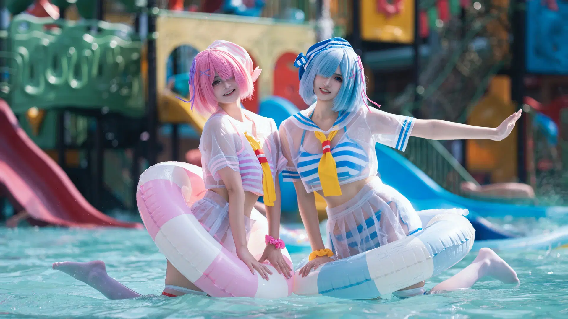 【ラム＆レム コスプレ】ウォーターパークの涼やか白ストッキングあわせ二次元撮影 - 海海 - 9枚目