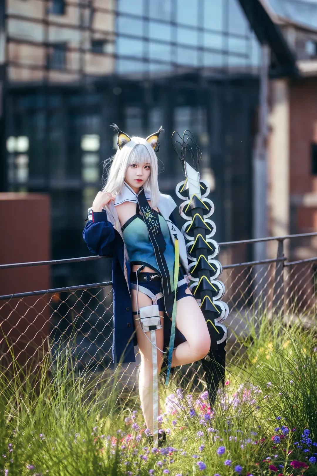 Arknights, Kal'tsit cosplay, Techwear cosplay, Industrial style photography, Silver hair beast ears