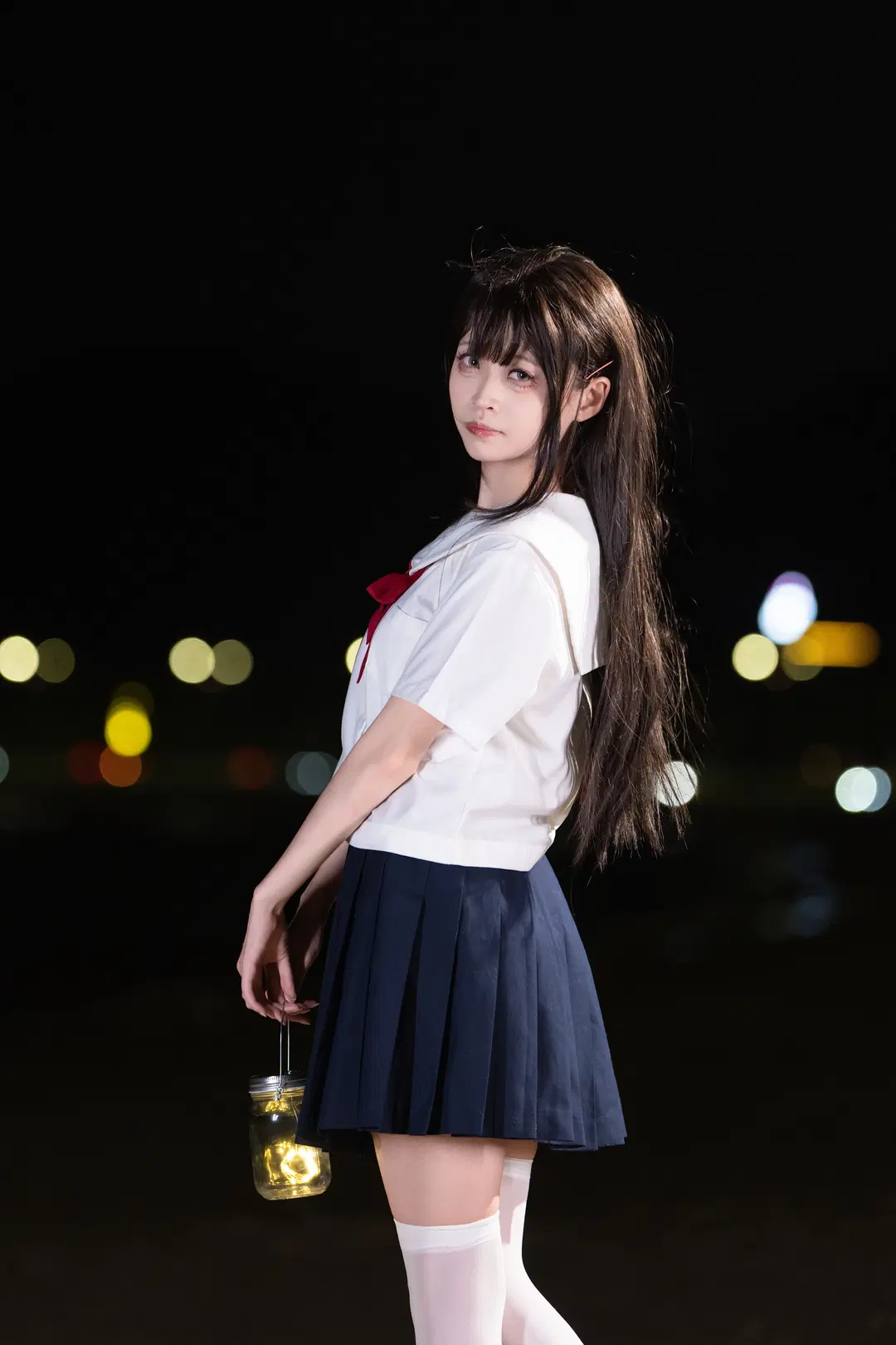 Summer outfit, JK uniform, Night portrait, Sailor suit, White stockings