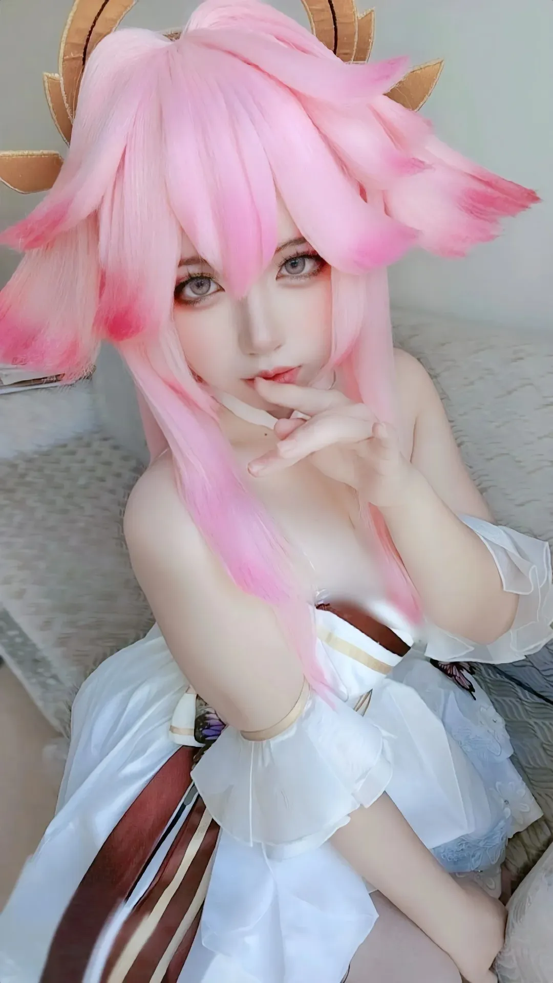 原神, cosplay, 粉色长发, 八重神子cos, 狐狸系