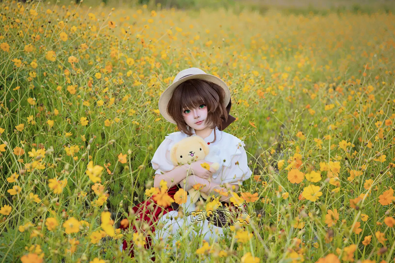 二次元摄影, 木之本樱cos, 花海写真, 毛绒玩具, 草帽少女