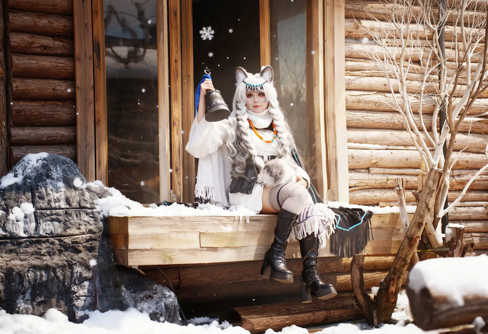 兽耳少女, 银发cos, 雪地cosplay, 丝袜, 反季拍摄
