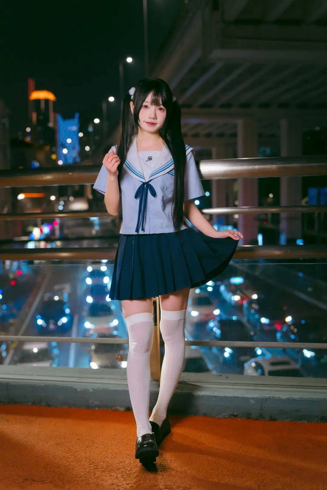 水手服, jk制服, 夜景写真, 白色过膝袜, 校供感