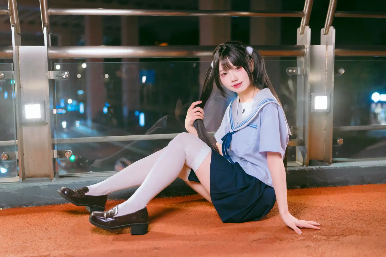 JK uniform, White stockings, Sailor suit, Night photography, 2D steps into reality