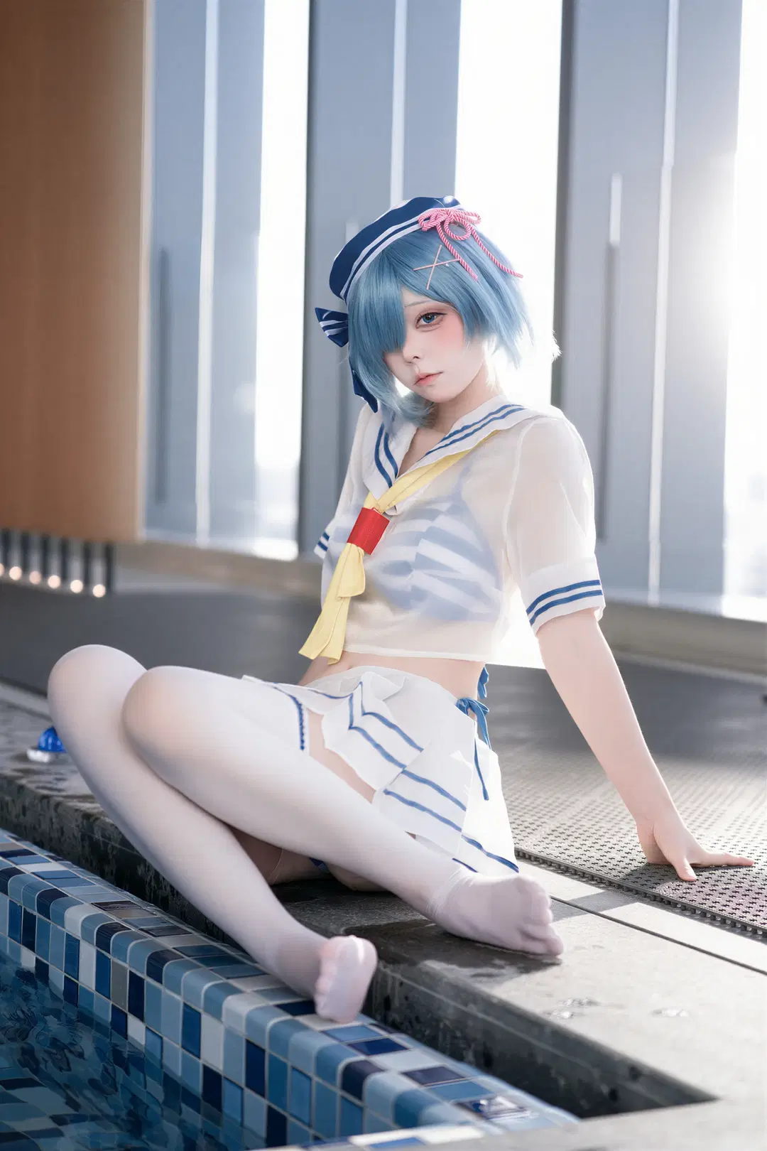 2D, Cosplay photoshoot, Rem cosplay, White stockings, Rem swimsuit