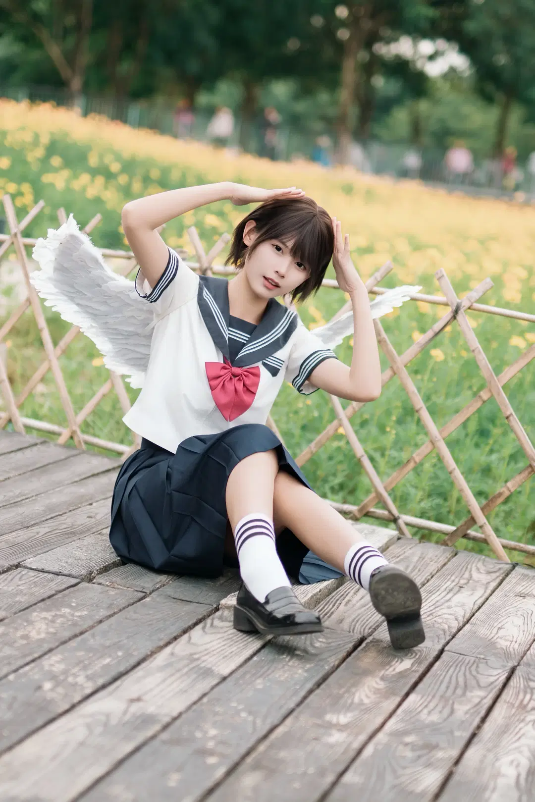 cosplay, White stockings, Angel, JK uniform, Sea of flowers photo shoot