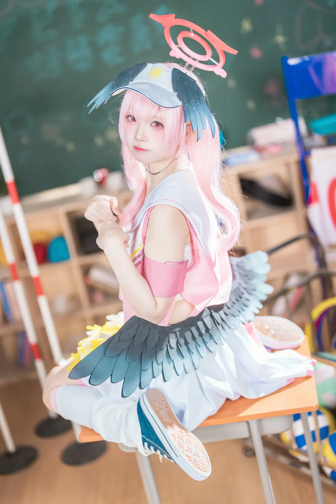 2D, Blue Archive, Shimoe Koharu cosplay, White stockings, Cheerleader