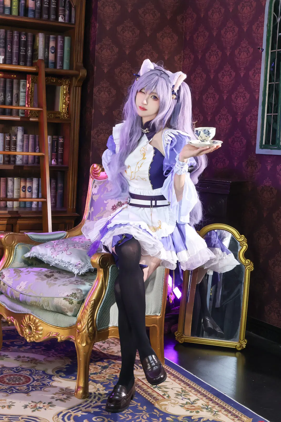 Genshin Impact, Maid outfit, Keqing cosplay, Black stockings, Femboy cosplay