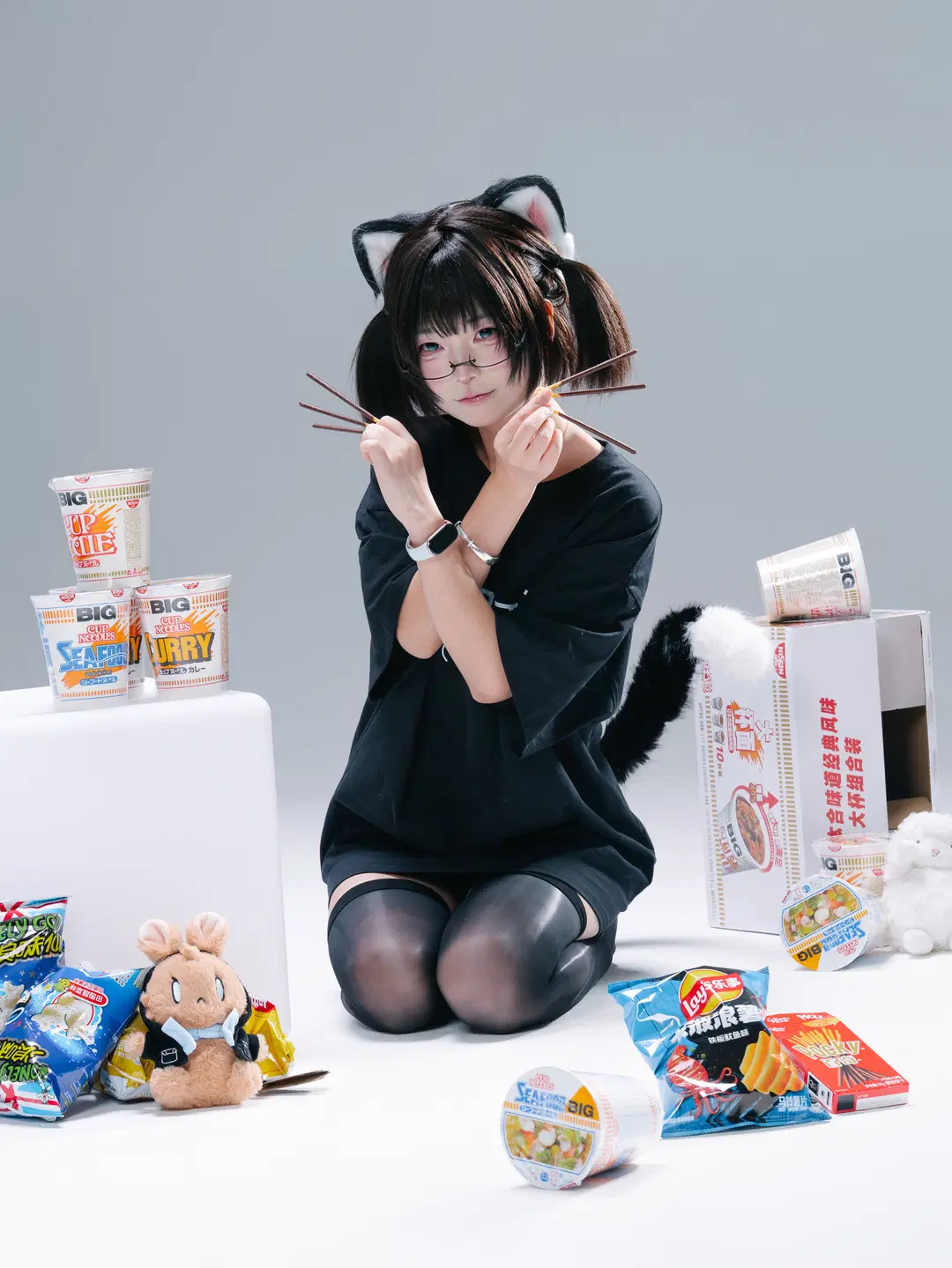 【Catgirl cosplay】White studio portrait Sweet portrait: The Collision of Languid Black stockings and Pocky by 一只黑猫 - Image 2