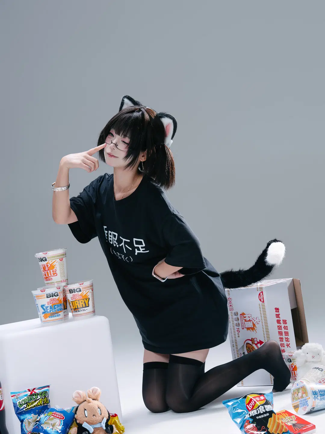 猫耳, 黑丝, 猫娘cos, 白棚人像, 糖水片