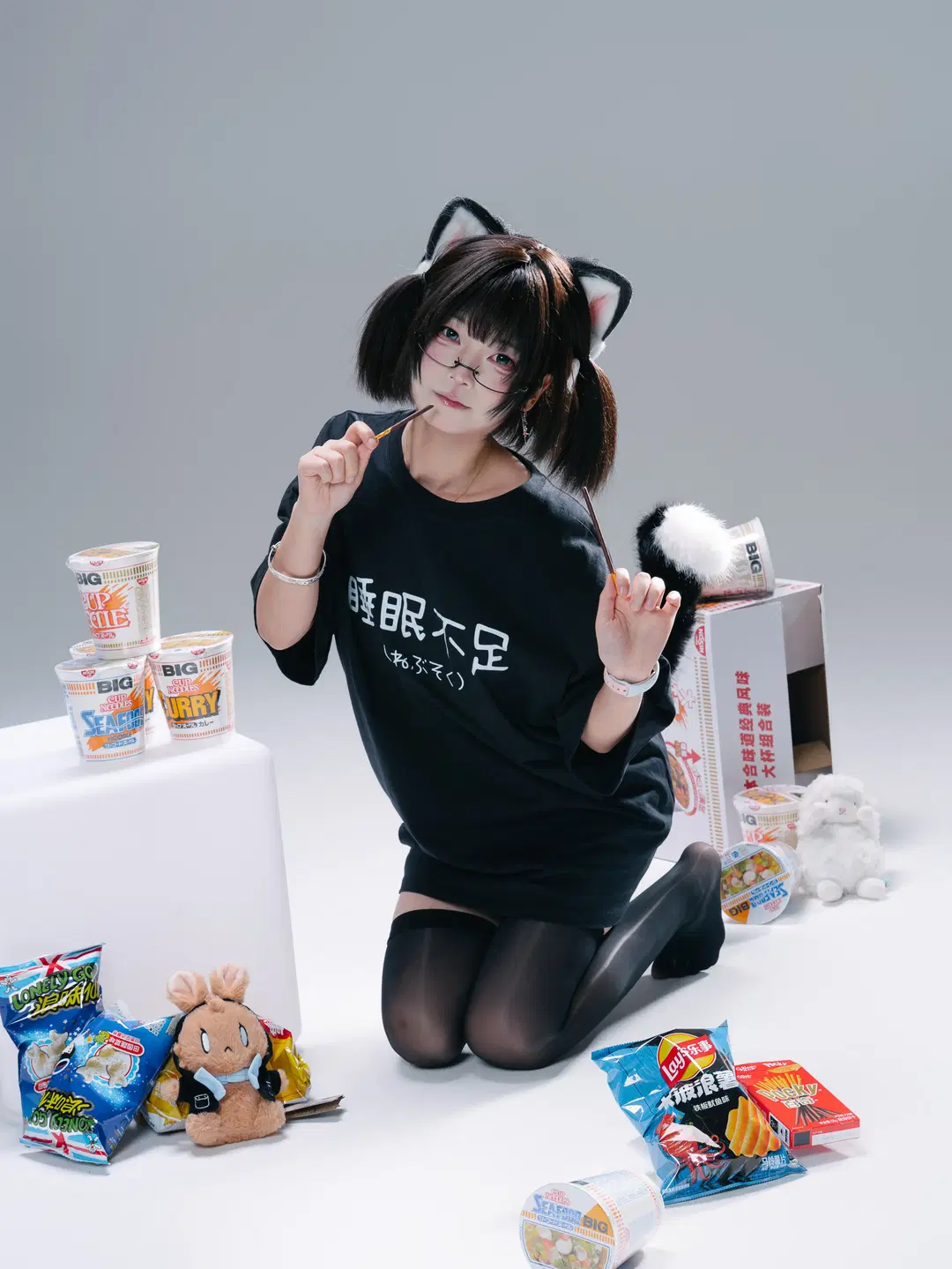 【Catgirl cosplay】White studio portrait Sweet portrait: The Collision of Languid Black stockings and Pocky by 一只黑猫 - Image 5