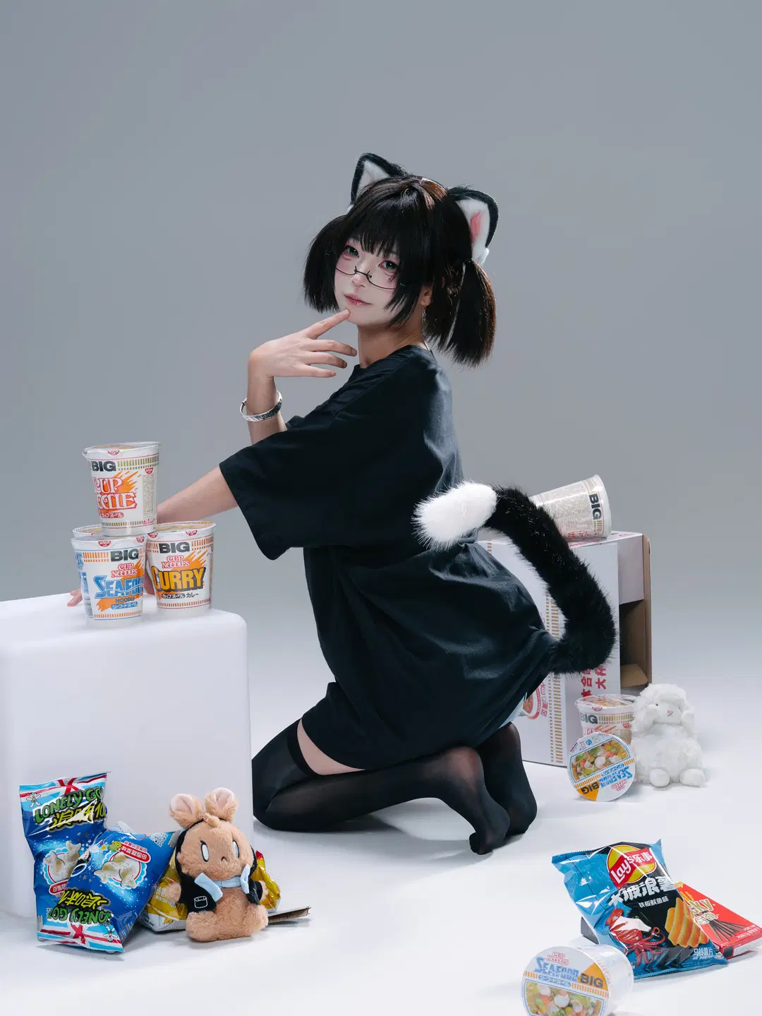 【Catgirl cosplay】White studio portrait Sweet portrait: The Collision of Languid Black stockings and Pocky by 一只黑猫 - Image 6