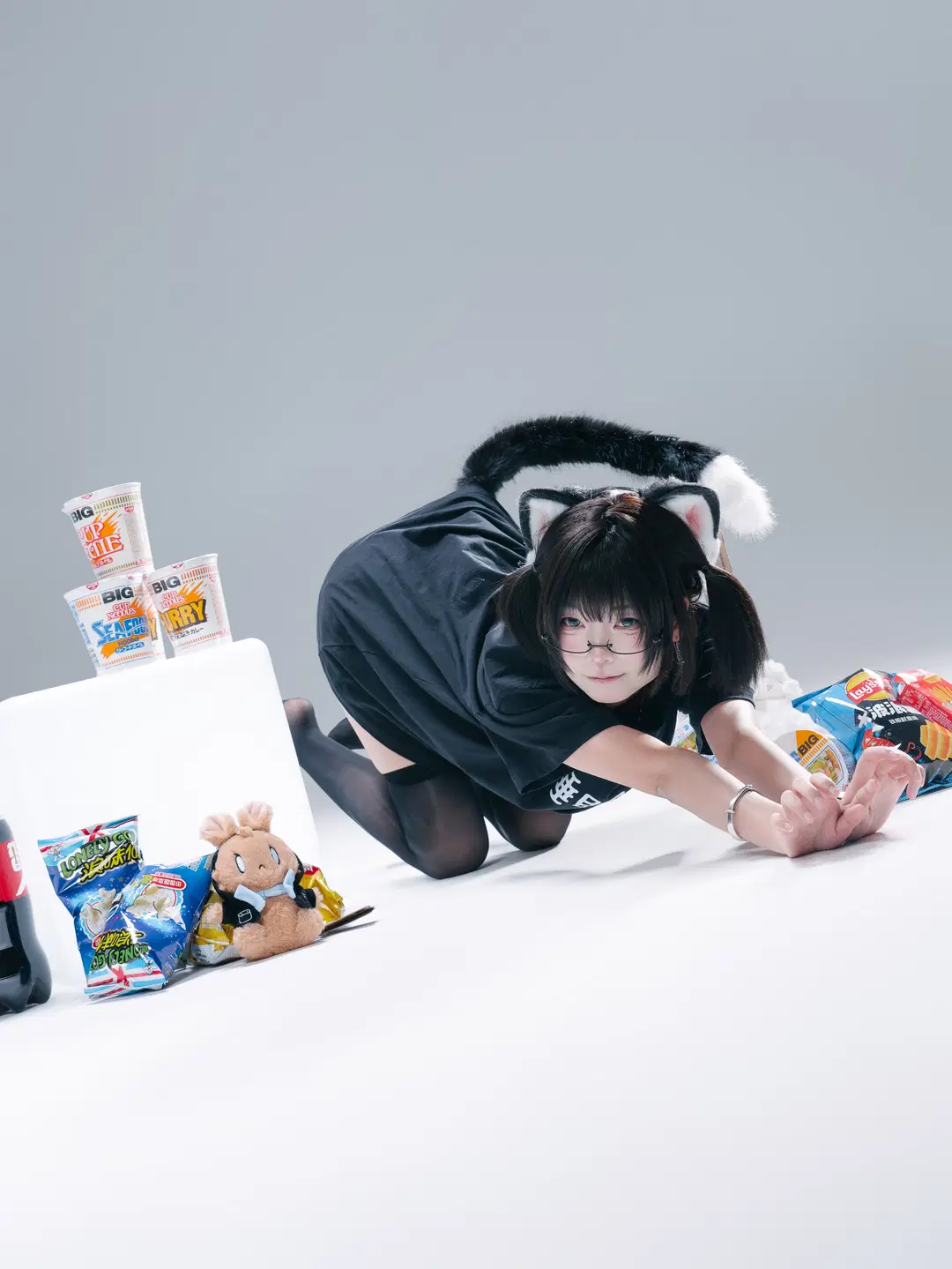 【Catgirl cosplay】White studio portrait Sweet portrait: The Collision of Languid Black stockings and Pocky by 一只黑猫 - Image 7