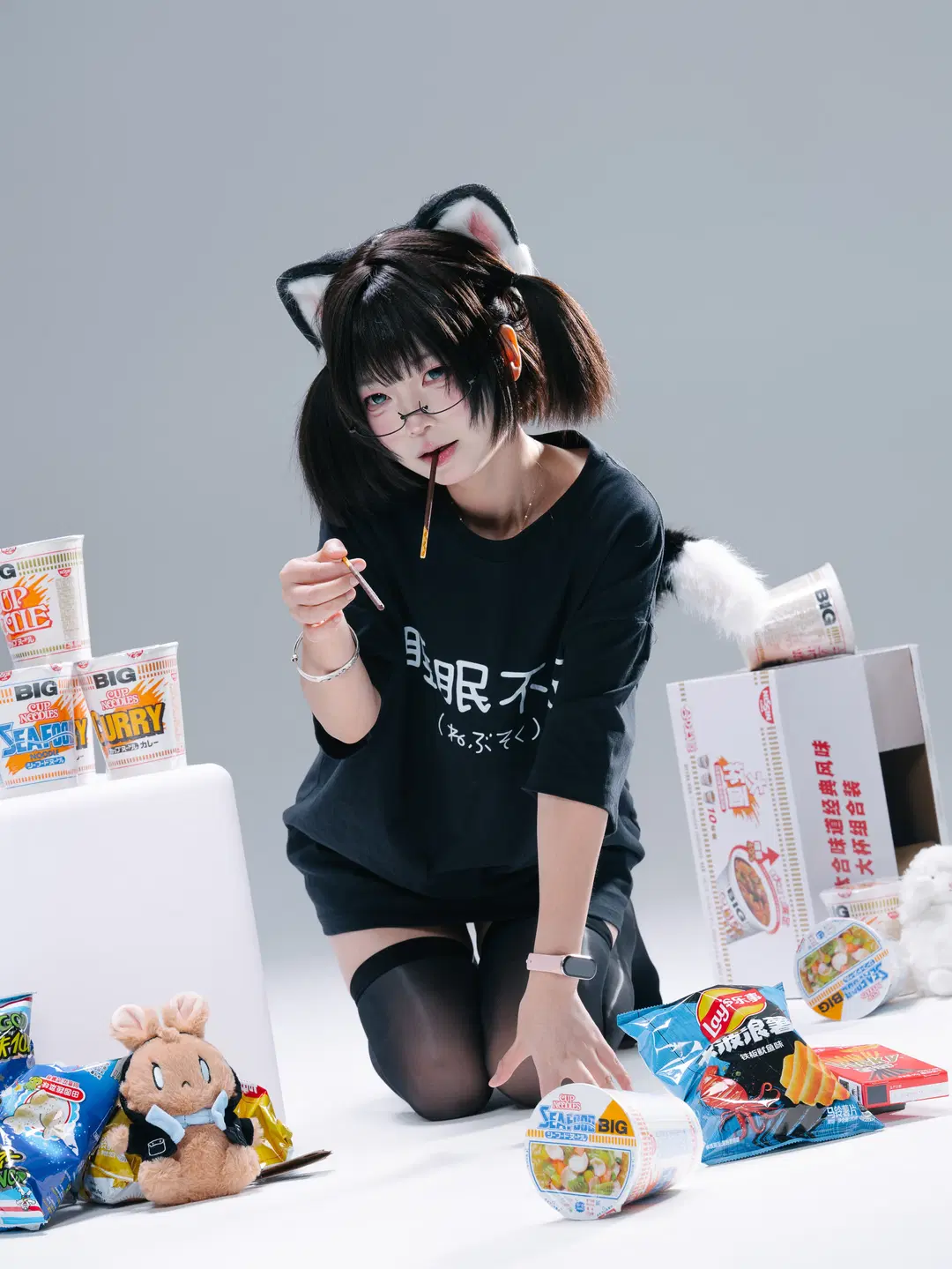 【Catgirl cosplay】White studio portrait Sweet portrait: The Collision of Languid Black stockings and Pocky by 一只黑猫 - Image 8
