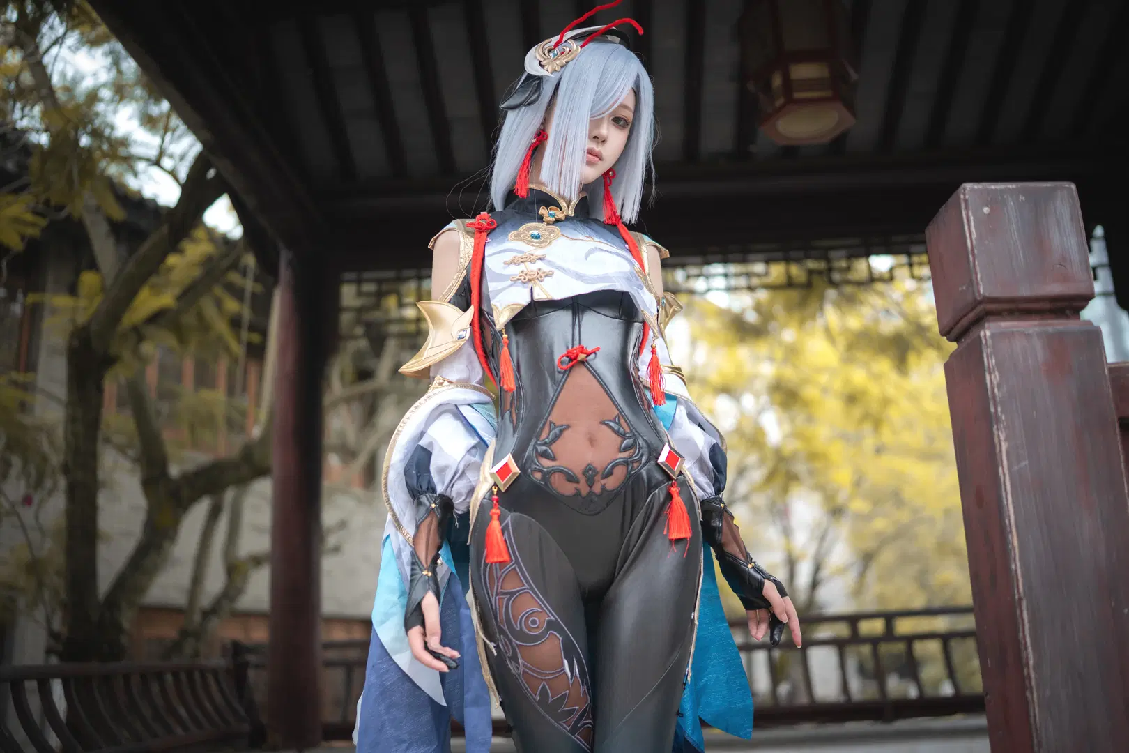 原神, 申鹤cos, cosplay正片, 黑丝, 古风外景