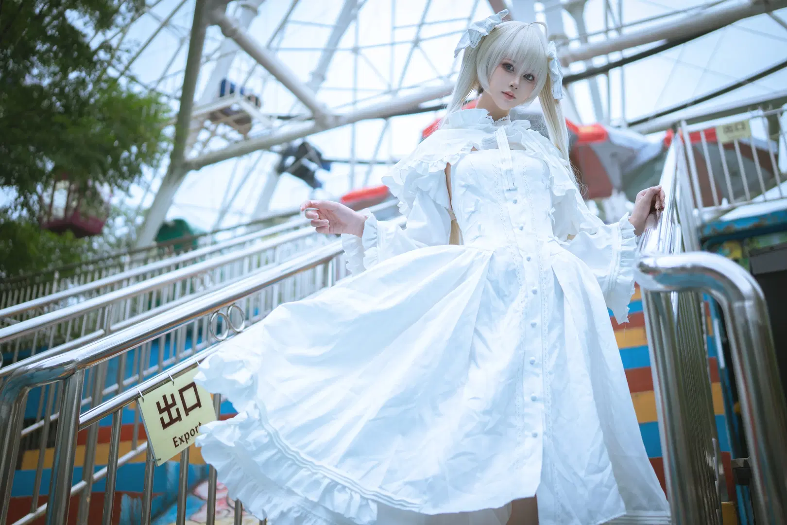 春日野穹cos, 缘之空, 二次元写真, 白丝cosplay, 游乐园摄影