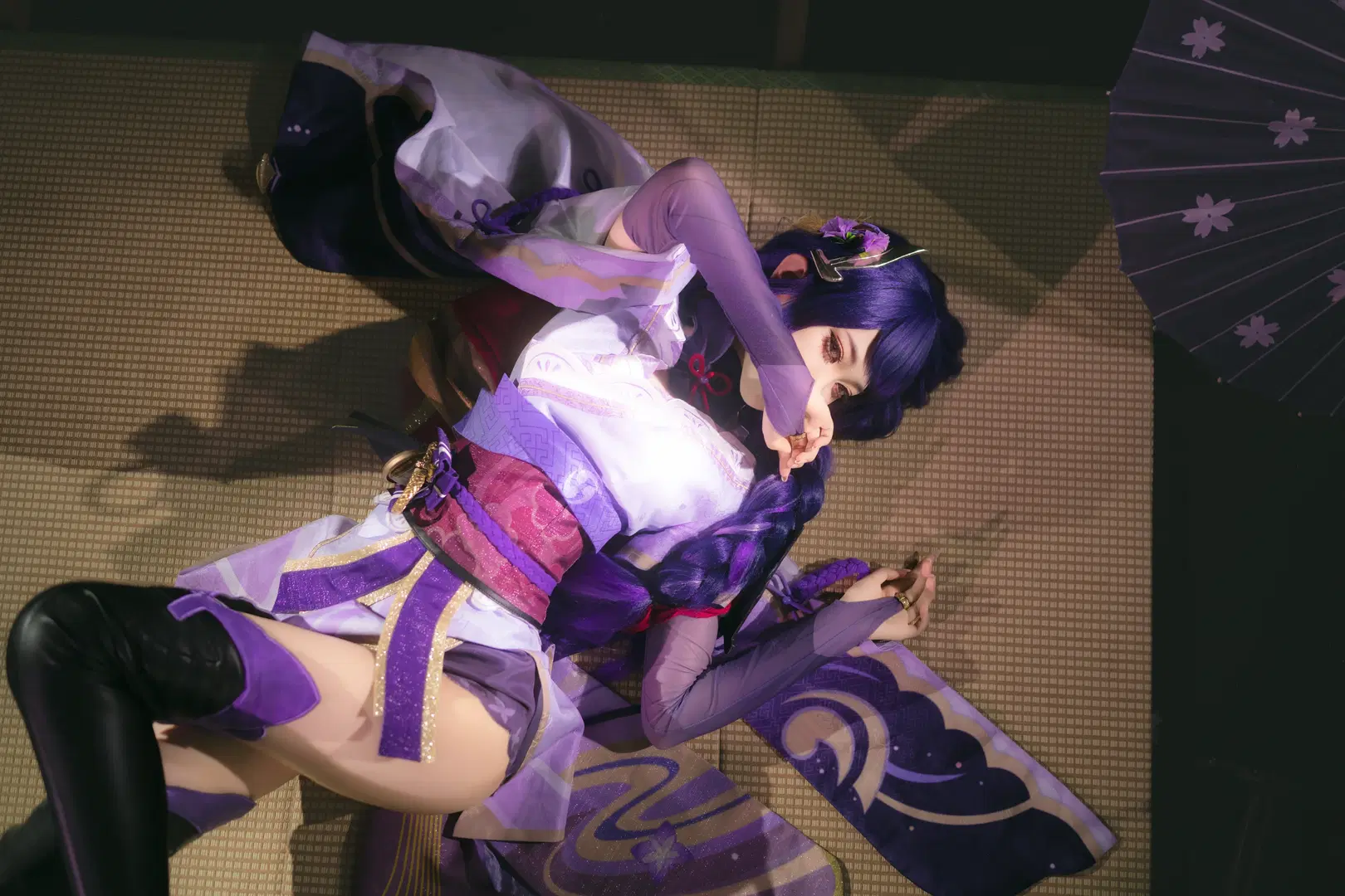Japanese-style photography, Anime cosplay, Raiden Shogun cosplay, Black thigh-high stockings, Game character cosplay