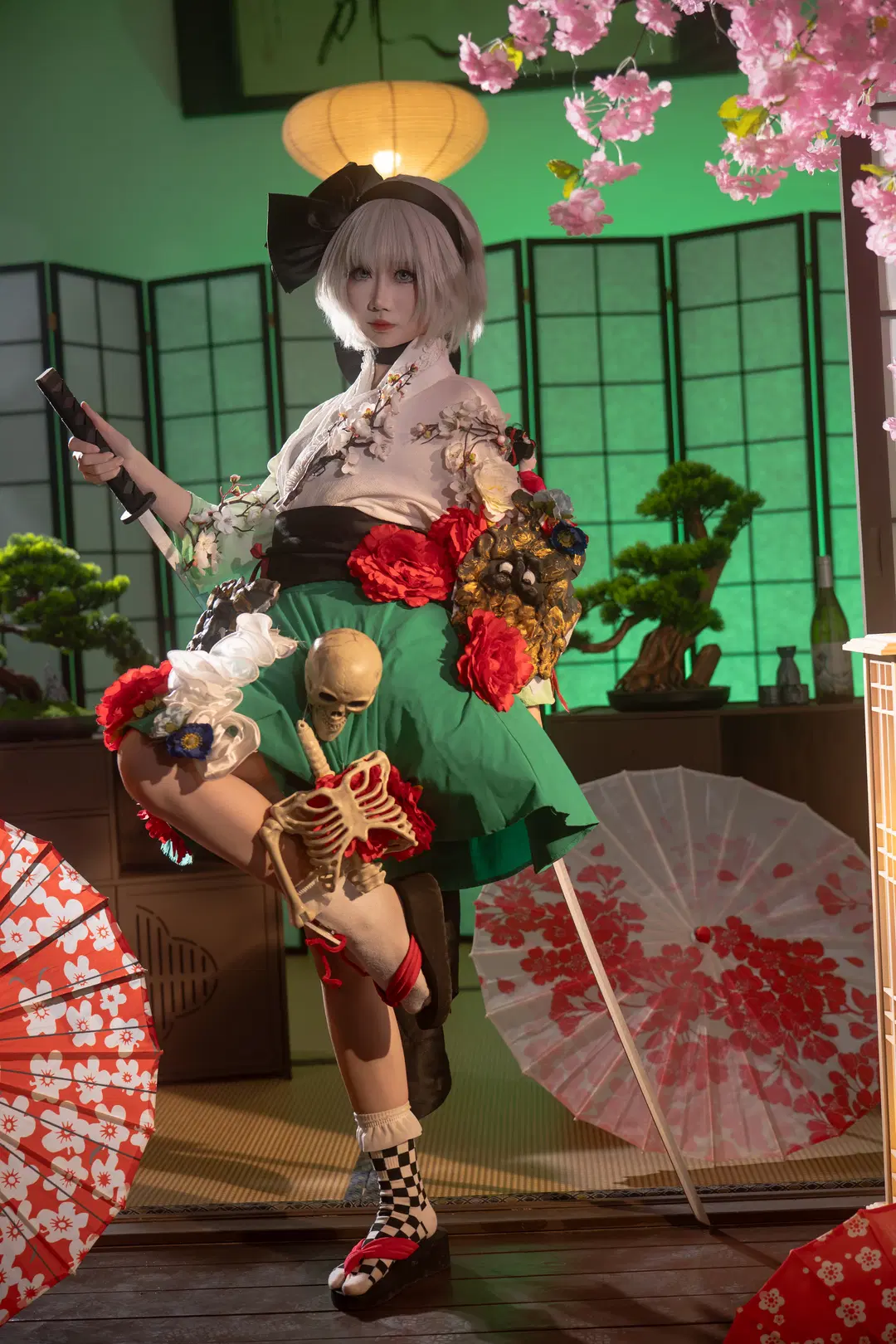 东方project, 魂魄妖梦cos, 日式庭院摄影, 和风剑士, 黑白棋盘格丝袜