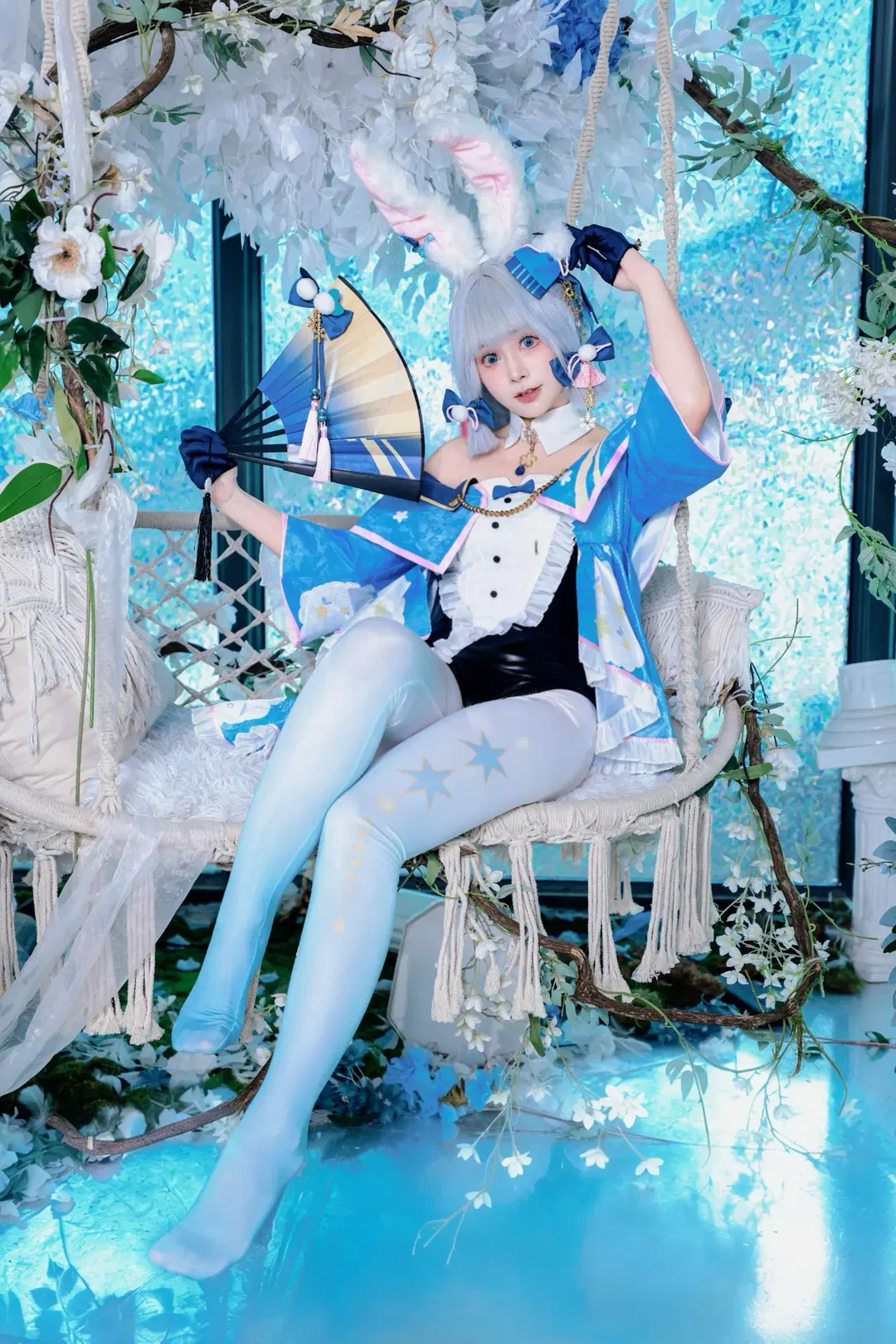 2D, Genshin Impact, Kamisato Ayaka cosplay, Bunny outfit, Stockings