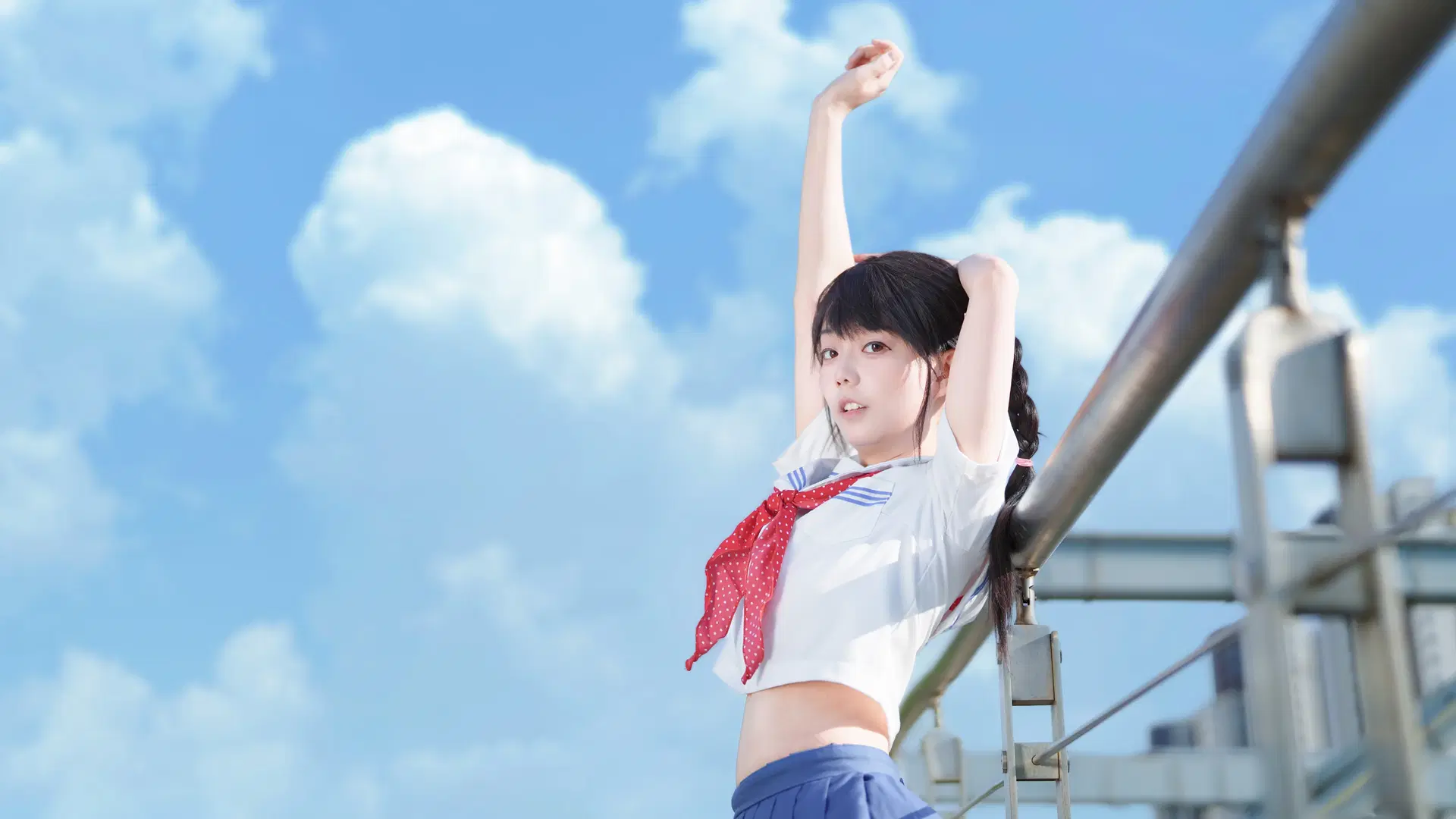 元气少女, 水手服写真, 白丝袜, 日系拍照姿势, 晴天摄影